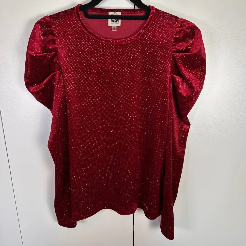 Anne Klein Womens XS Red Puff Sleeve Blouse Sparkle Holiday Party y2k‎